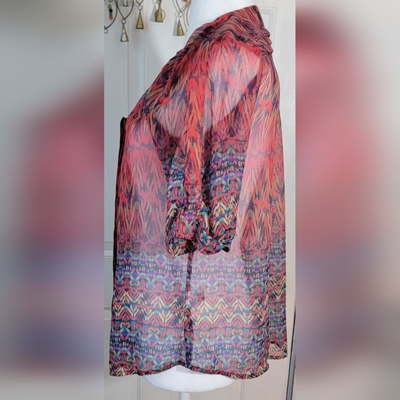 Skies are Blue Sheer Blouse Women's S Petie Multi-colored Abstract Short Sleeved - Picture 2 of 12